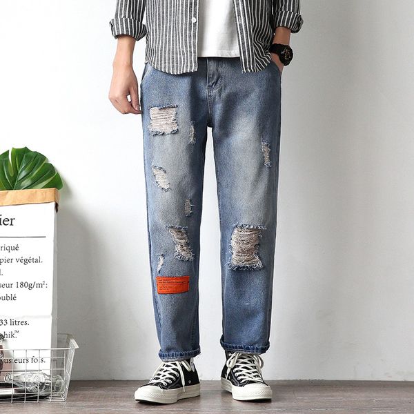 

men jeans holes solid chic harajuku denim straight trousers mens korean style leisure streetwear bf all-match ins loose teens, Blue