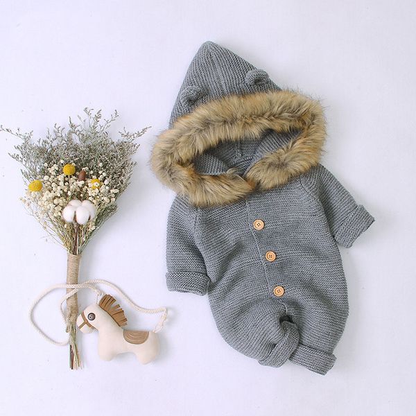 

newborn baby rompers knitted autumn boys girls long sleeves fur collar jumpsuit winter children's outfits, Blue