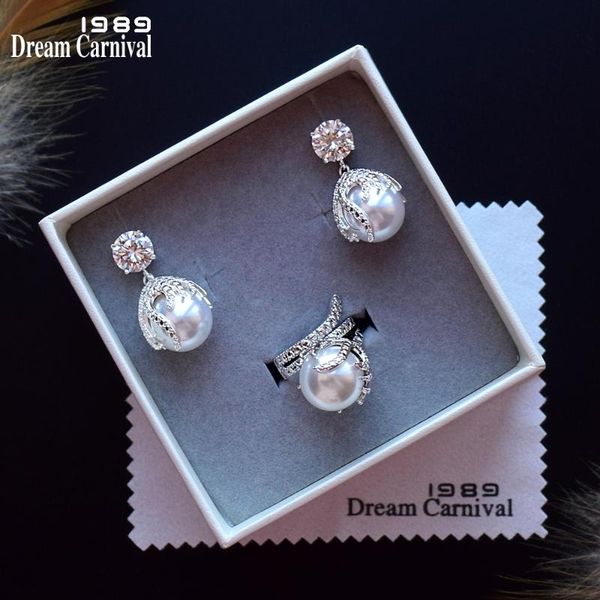 

dreamcarnival1989 новая ослепительно свадебные украшения набор для женщин элегантные серьги + кольца прекрасный белый pearl мотаться серьги, Silver