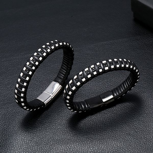 

stainless steel magnetic buckle men bracelet braided leather handicraft bangle fashion male female jewelry accessories gift, Golden;silver