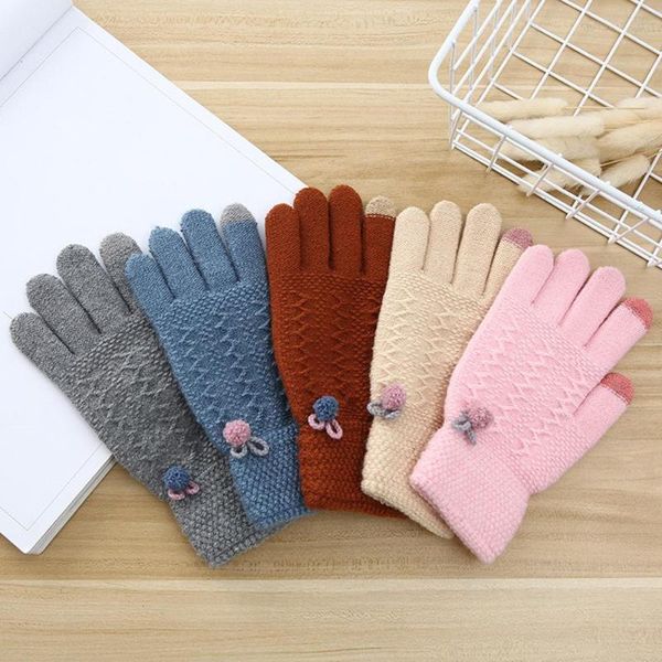

winter warm solid color touchsble screen gloves for girls women pompom thermal full finger knitted mittens 2020, Blue;gray