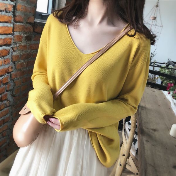 

women's sweaters casual pullovers 2021 autumn v-neck minimalist shirt fashionable korean style knitting solid loose top, White;black