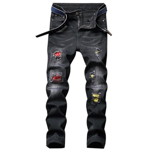 

men's jeans fashion men skinny ripped frayed slim fit pant long, Blue