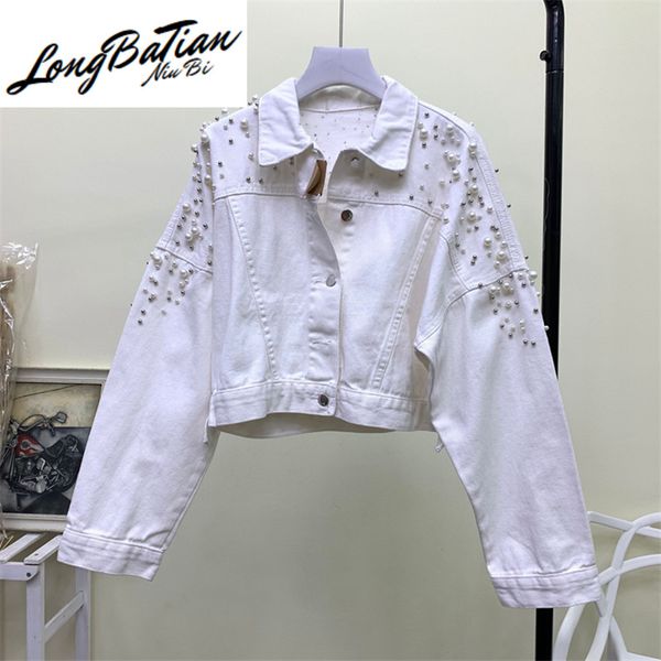

women's jackets 2021 spring autumn beading short denim women basic coat korean fashion slim white red jeans jacket outerwear streetwear, Black;brown