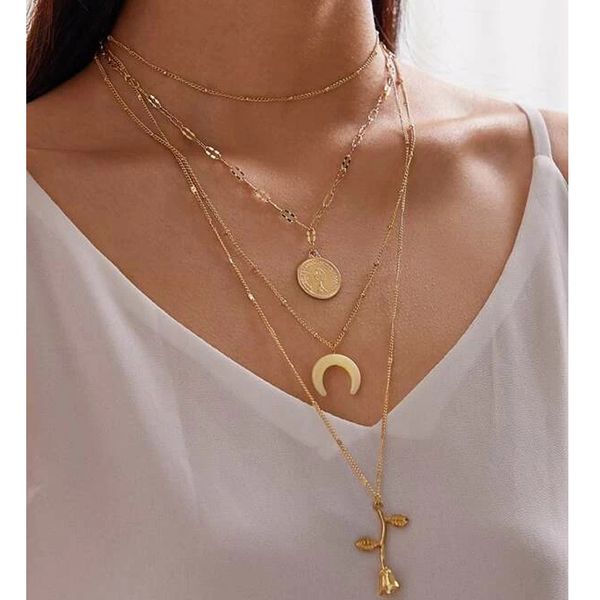 

chains tocona bohemian moon pendant necklace for women 2021 trendy rose flowers gold chain choker multi-layer jewelry gift 10078, Silver