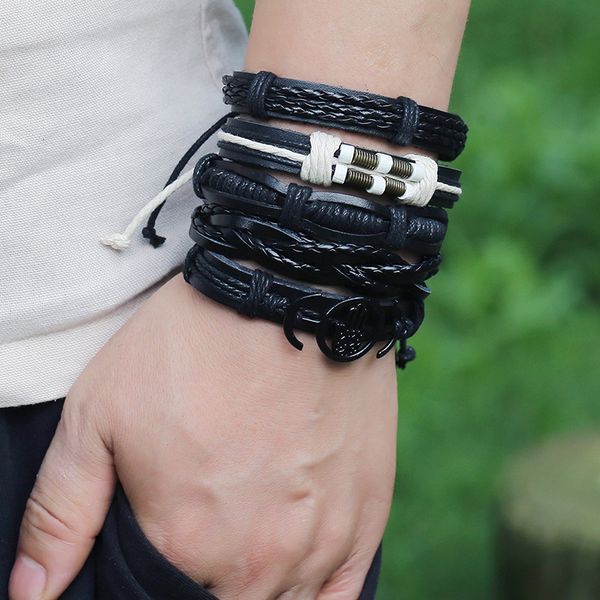 

vintage multilayer leather bracelet set for men braided handmade wrap bracelets&bangles women hand strap, Golden;silver