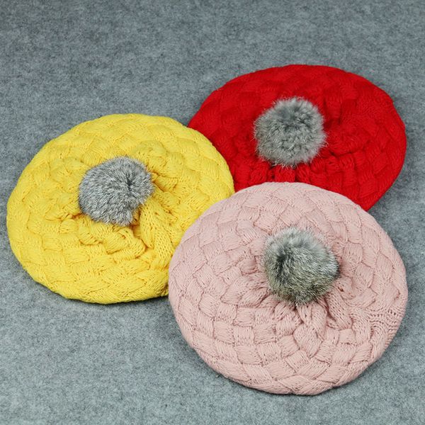 

winter beret children rabbit hair ball hat korean fashion boy and girls knitted hat pure color ear protection, Blue;gray