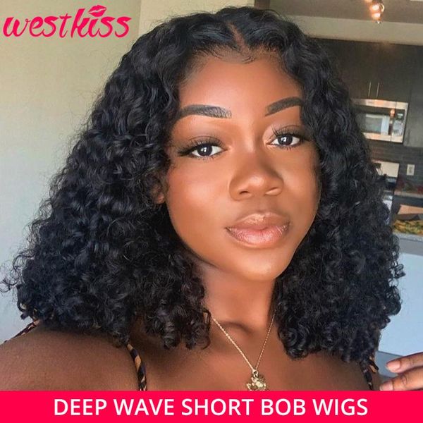 

lace wigs deep wave bob front invisible wig brazilian short human hair pre plucked west kiss remy, Black;brown