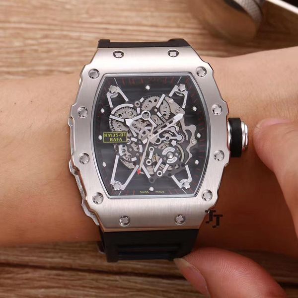 

luxury new men watch rubber sapphire stainless steel 904l automatic mechanical silver tourbillion skeleton watches limited, Slivery;brown