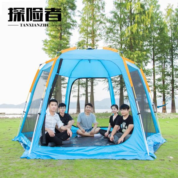 

tanxianzhe outdoor 4 season waterproof hexagon family auto camping tent with 4 mosquito mesh window 2 door 10 person