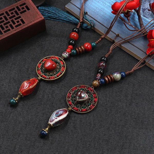 

pendant necklaces fashion women's national style retro love ceramic hand wound long sweater necklace, Silver