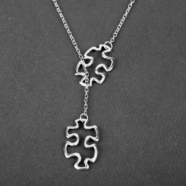 

chokers legenstar fashion choker autism jewelry awareness jigsaw double puzzle piece pendant adjustable cross lariat necklace women gift, Golden;silver