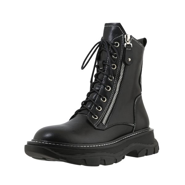 

2021 new autumn winter platform women ankle boots warm genuine leather motorcycle boots chunky heels dancing shoes woman, Black