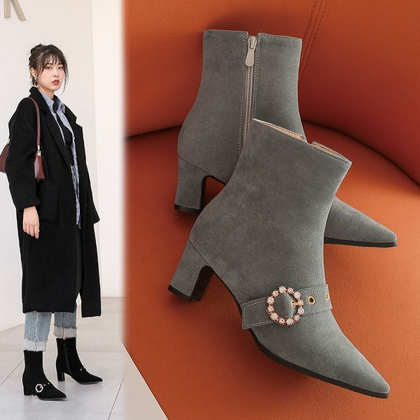 

brand women's shoes white ankle boots winter footwear boots-women zipper crystal booties woman 2020 high heels fashion low, Black