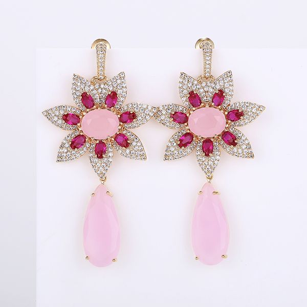 

luxury flower earrings with water drop stone pendant for women cz gold plating jewelry export brazil xiumeiyizu new, Silver