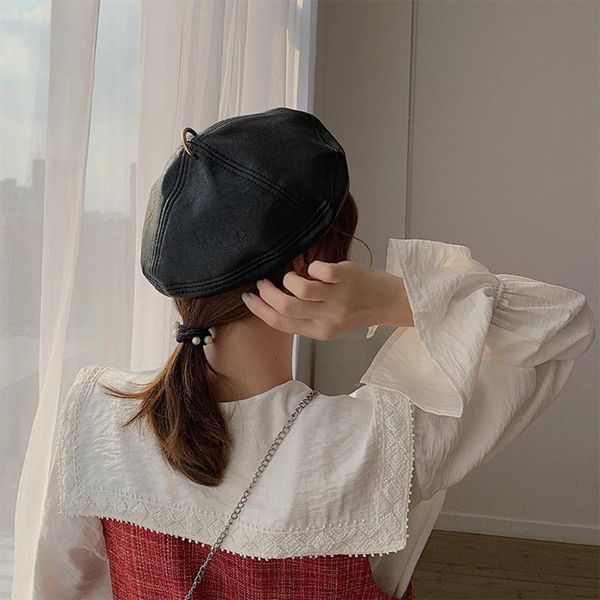 

new british retro wild beret female spring and autumn leather octagonal hat trend, Blue;gray