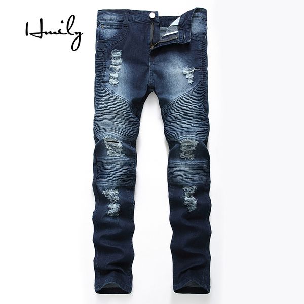 

hmily fashion pants mens jeans slim fit classic brand men straight jeans dropshipping quality guaranteed ripped biker male, Blue