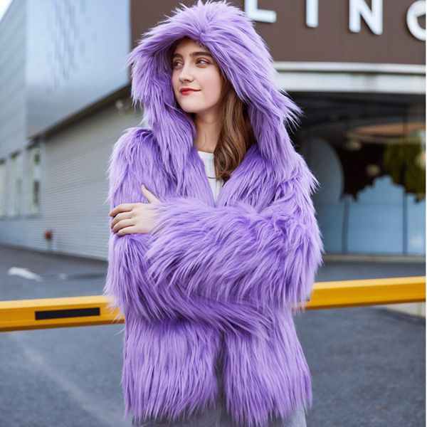 

purple faux fur coat jacket biker woman 2020 shaggy elegant winter with hood europe women elegant thick russian, Black
