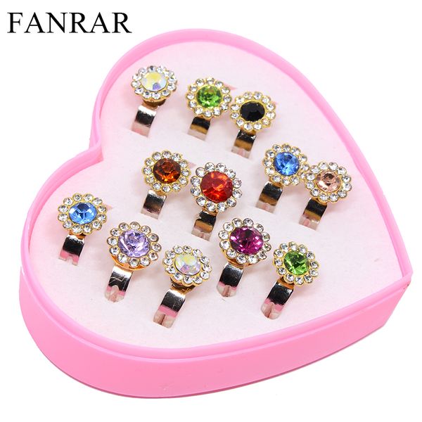

wholesale jewelry 12pcs mixed color crystal sunflower rings girls kids children adjustable rhinestone rings party gift with box, Golden;silver