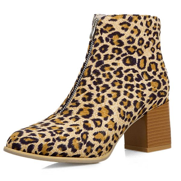 

women's autumn boots luxury classic short leopard print soft fashion front zipper high heel large size eu34-50, Black
