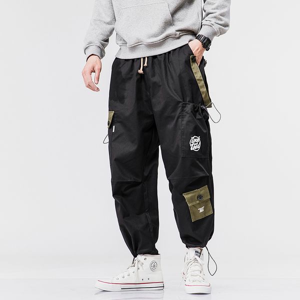 

men's pants 2021 hip-hop jogger black harem overalls multi-pocket ribbon sportswear streetwear casual