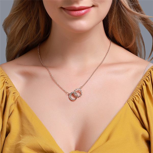 

crystal double round circle pendant necklace for women girls fashion rhinestone geometric charms choker jewelry gifts, Silver