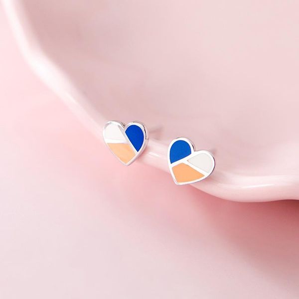 

925 sterling silver korean fashion 3 color block heart shape stud earrings for women lady daughter party gift jewelry, Golden;silver