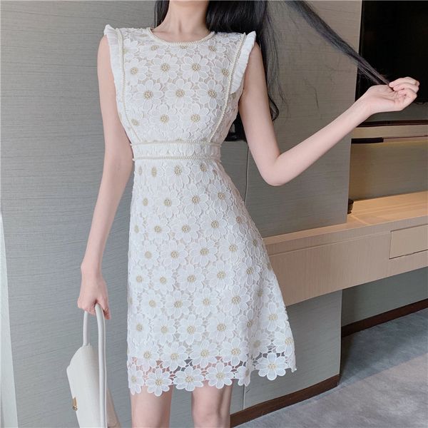 

casual dresses arrival 2021 runway elegant luxury flower floral embroidery dress lace hollow out chic high waist mini vestidos, Black;gray