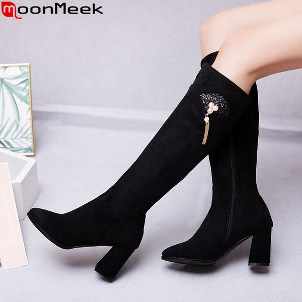 

moonmeek 2020 fashion autumn winter boots women zip high heels shoes prom boots simple elegant knee high women 2020 new, Black