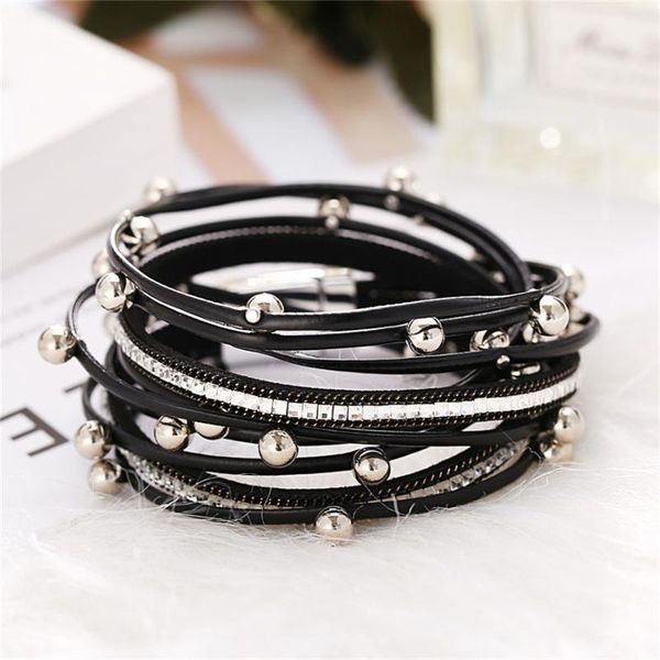 

new fashion retro classic black pu leather bead rope chain metal ball bracelet buckle female leather multi-layer bracelet y40, Golden;silver