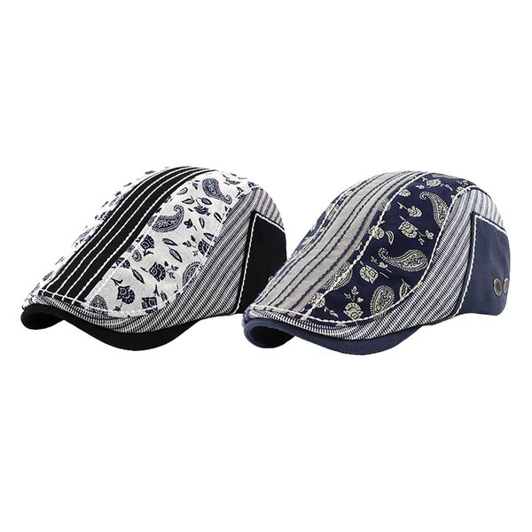 

2 pieces mens cotton newsboy cap paisley patch block flat cap adjustable, Black