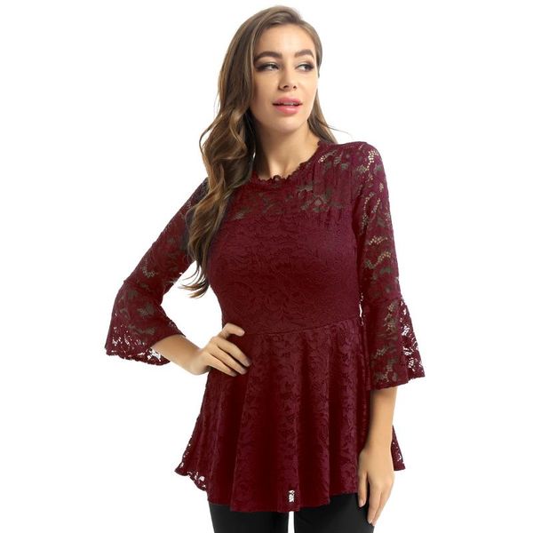 

elegant womens scalloped neck flare sleeves solid color flared peplum bottom romantic lace blouse for dating party wear, White