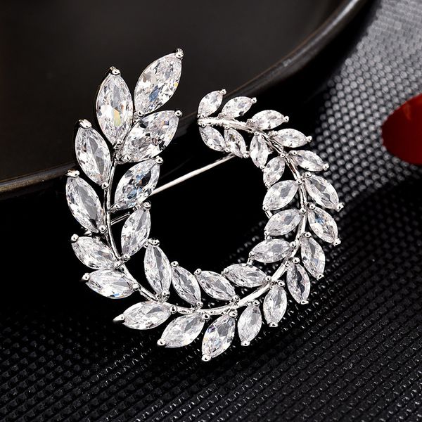 

copper inlaid zircon leaf brooch high-grade olive branch brooch korean personality brooch pin clothing accessories, Silver