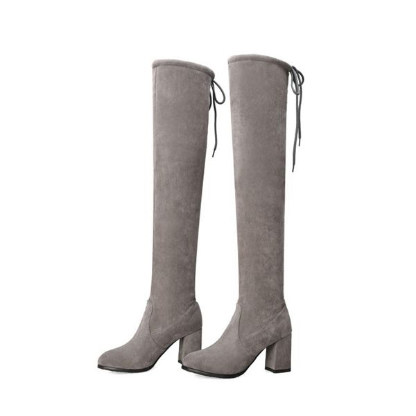 

orchalisa winter motorcycle over-the-knee boots round toe chunky heels flock lace-up solid big size 34-48 pink club party c2037, Black
