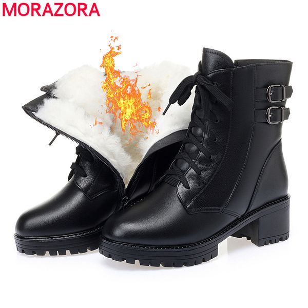 

morazora big size 35-42 snow boots women shoes lace up buckle winter boots fashion warm wool women ankle footwear, Black
