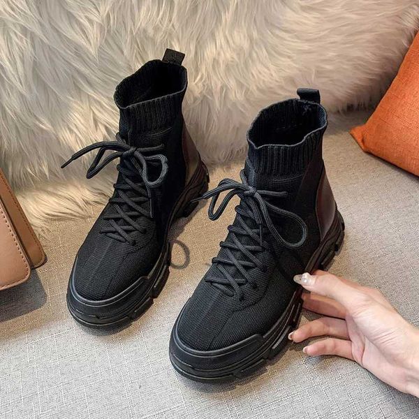 

fashion slip on comfortable woman lace up platform leisure shoes dropshipping 2020 casual women knit sock boots ankle boots, Black