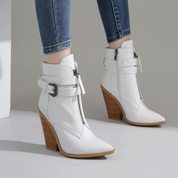 

2020 new gold snake print ankle boots for women wedge high heels boots woman runway design chunky heels botas mujer western boot, Black