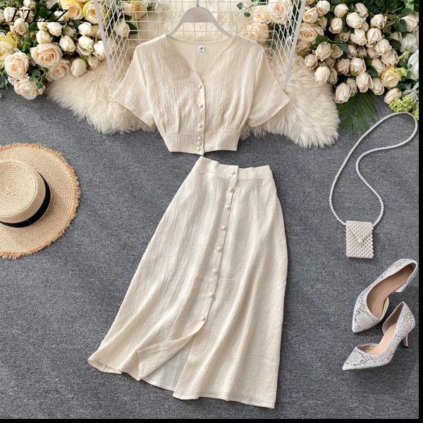 

ftlzz новое лето женщин вскользь v шеи однобортный crop tops высокой талией линию сплошного цвета юбка two piece set, Gray