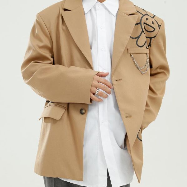 

men's suits & blazers male streetwear hip hop suit coat black khaki overcoat men flower print chain pendant casual loose jacket outerwe, White;black