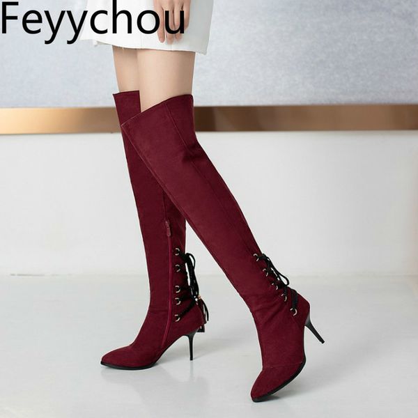 

women boots autumn winter warm zip over the knee pointed toe high heel plush flock stretch boots 2020 new fashion black