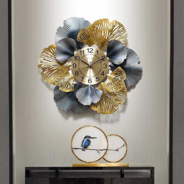 

3d metal new chinese ginkgo leaf wall clock living room art wall watch household light luxury decorative clocks watches