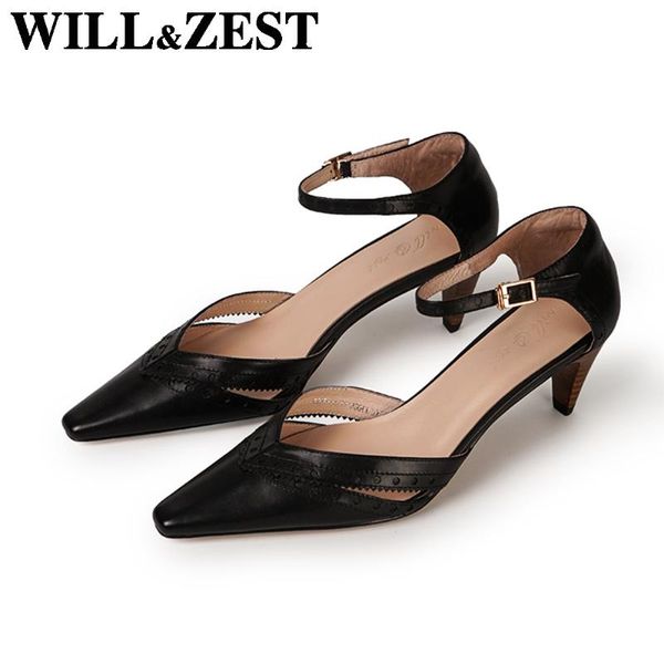 

will&zest closed toe sandals carved black block heels woman pump office ladies drag shoes female summer handmade fancy