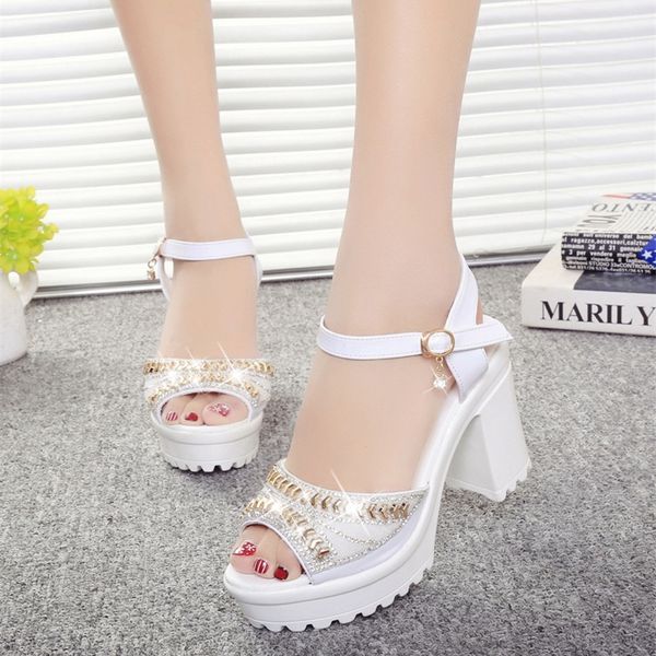

2019 summer new rhinestone fish mouth shoes thick bottom sponge cake waterproof platform high heel thick with sandals women y200620, Black