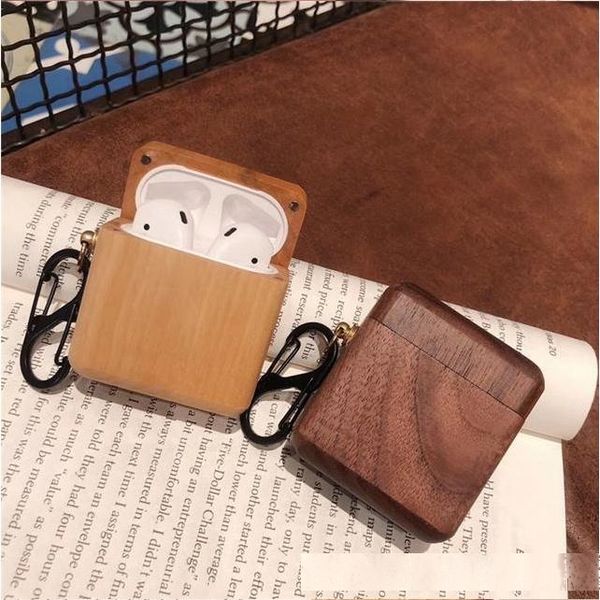 

creatived wooden headset protective sleeve for apple airpods case bluetooth headset drop protection sleeve with keychain