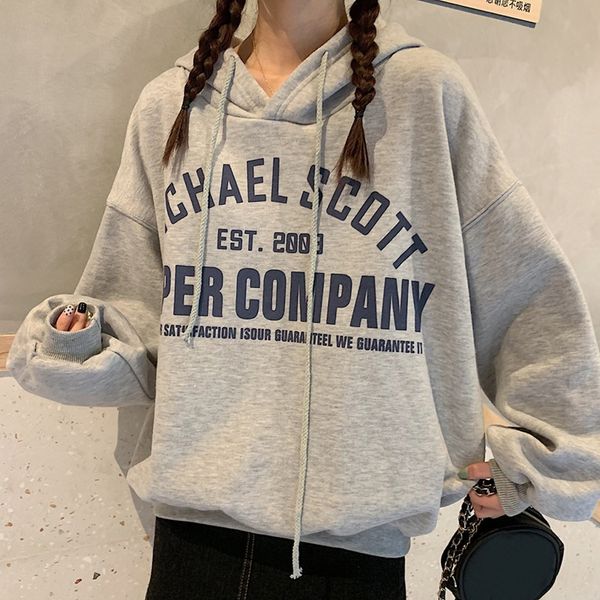 

40@letter hooded sweatshirt with large size fashion ladies long sleeve hoodie solid color bandage college style, Black