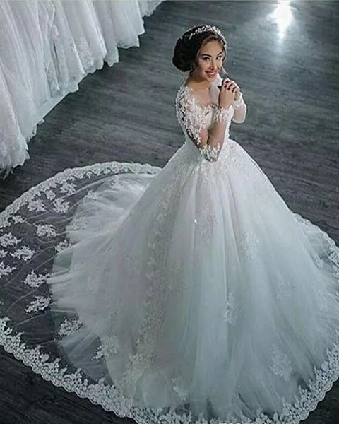 

a-line wedding dresses high neck court train lace long sleeve country glamorous backless illusion sleeve with 2020 / bishop sleeve, White