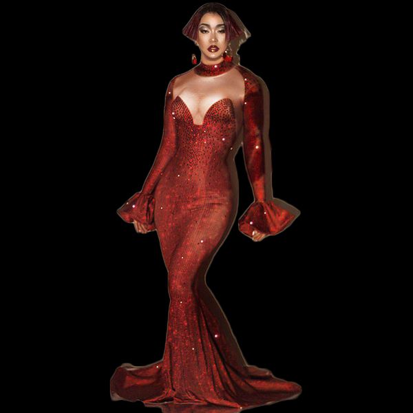 

women evening party rhinestones mermaid dress birthday celebrate dresses red crystals skinny long dress stage outfits dn6355, Black;red