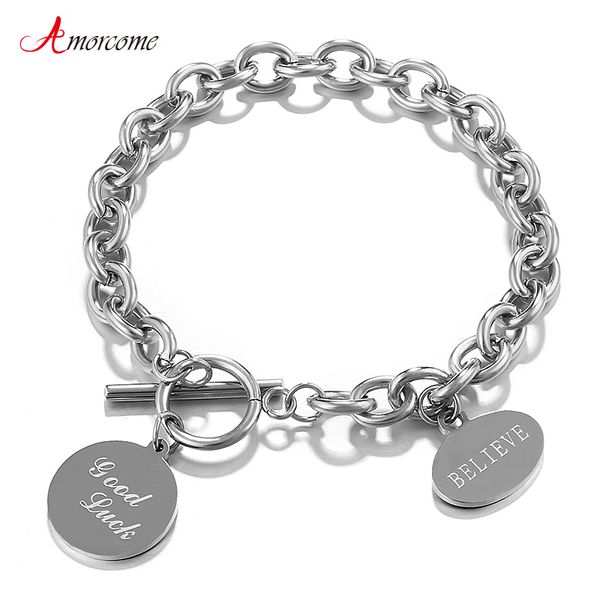 

amorcome good luck stainless steel bracelet fashion 2020 trendy charm link chain bracelets for men jewelry accessories, Black