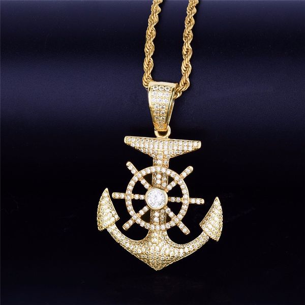 

pendant necklaces iced out big anchor jewelry full cubic zircon necklace men's fashion hip hop, Silver