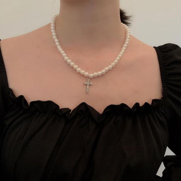 

lacteo simple minimalist imitation pearl chain choker necklace fashion bling rhinestone cross pendant necklace beach jewelry, Silver